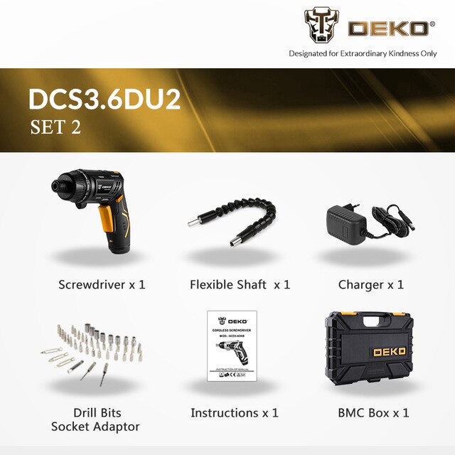 DEKO DCS3.6DU2 Cacciavite Elettrico Senza Filo Ricaricabile per Uso Domestico con Manico Ruotabile e Torcia LED
