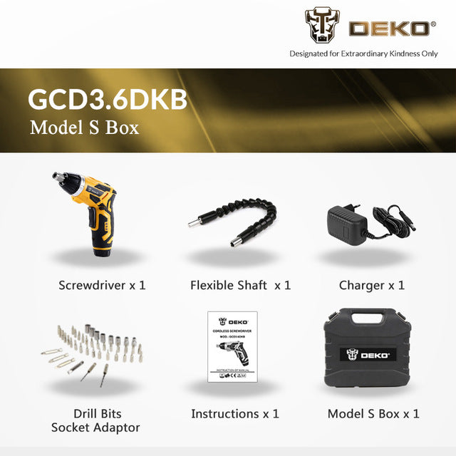 DEKO GCD3.6DKB Cacciavite Elettrico Senza Filo 4V Cacciavite Ricaricabile per Uso Domestico con Manico Ruotabile e 45 Pezzi di Accessori