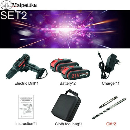 Utensili Elettrici Senza Fili di Alta Qualità 21V Cacciavite Elettrico Multi-Funzione Ricaricabile Mini Trapano Elettrico 2 Batterie+Regalo